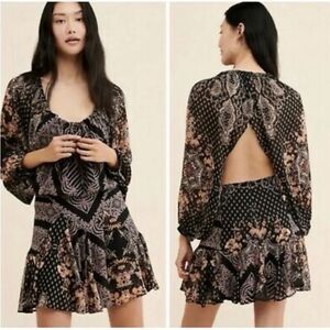 Free People Multicolored Mini Sundress S/P Bishop Sleeves Romantic Goth Sheer